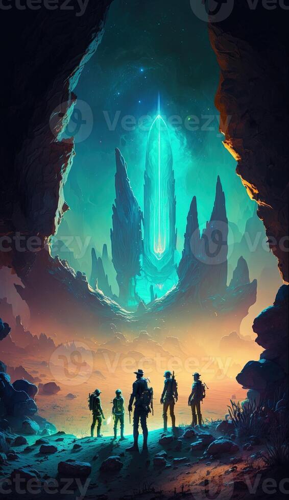 group of space travelers exploring a mysterious alien planetsmartphone phone original fantasy unique background lock screen wallpaper illustration photo