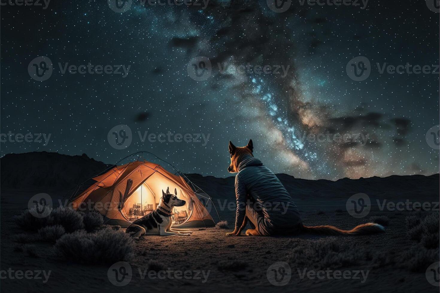 Dogs camping under starry night sky Milky way watching next to tent in national park. Star gazing.illustration photo