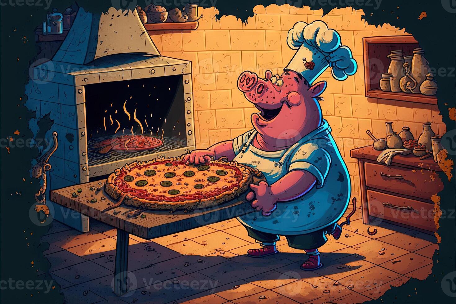 pig cooking pizza illustration photo