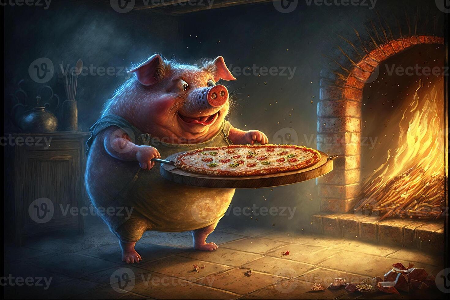 pig cooking pizza illustration photo