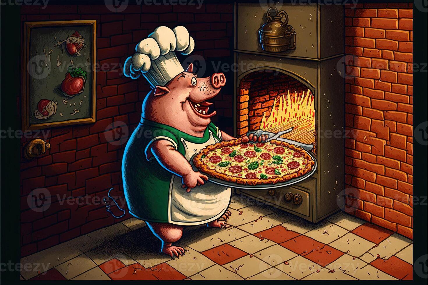 cerdo Cocinando Pizza ilustración generativo ai foto