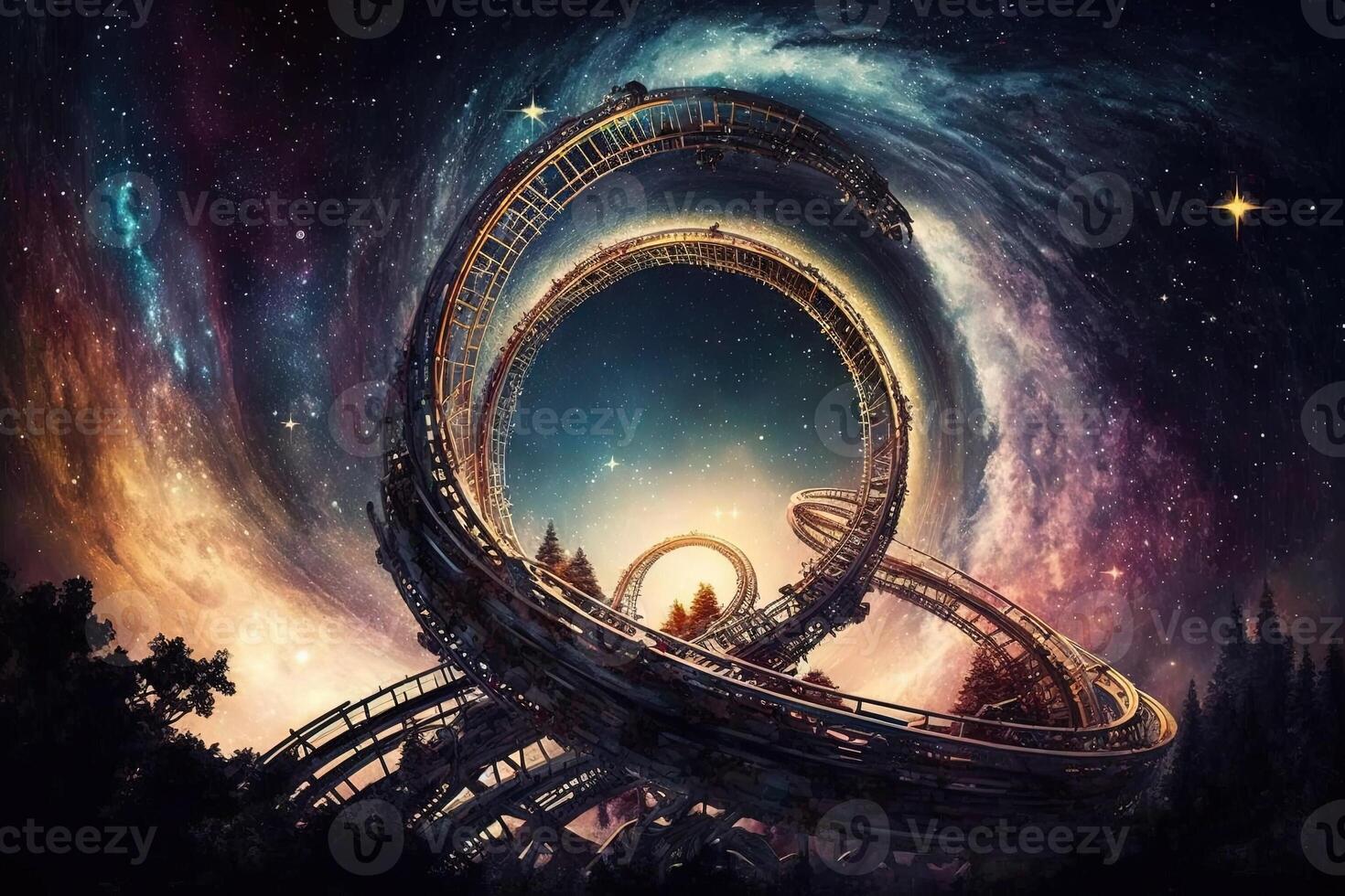 rollercoaster that spans multiple galaxies, with twists and turns that send riders hurtling through space illustration photo