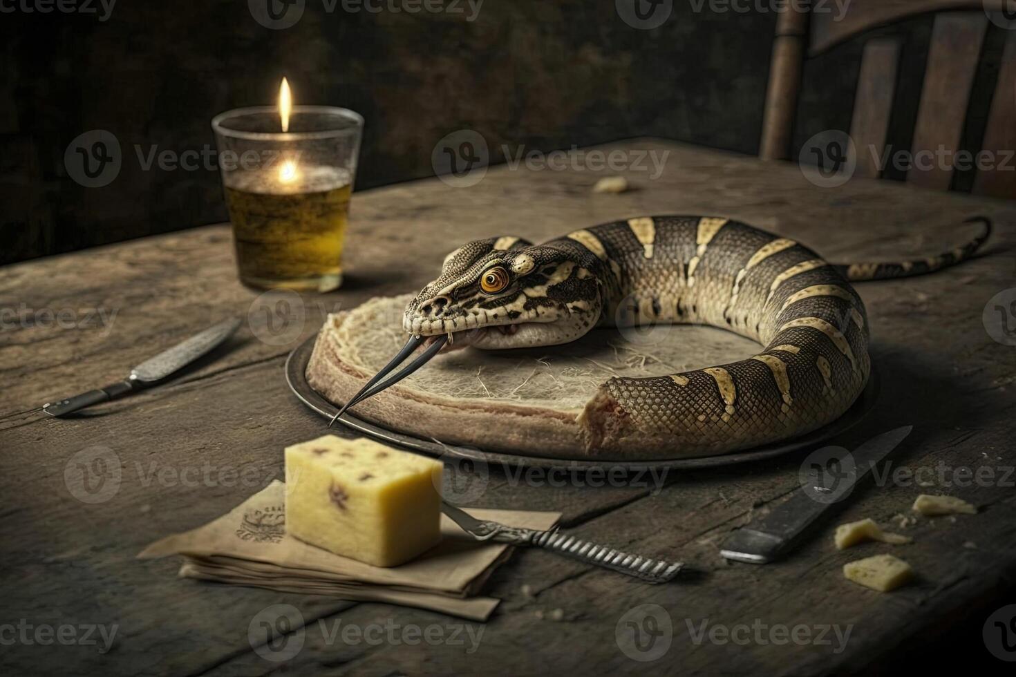 serpiente en un plato en el mesa ilustración generativo ai foto