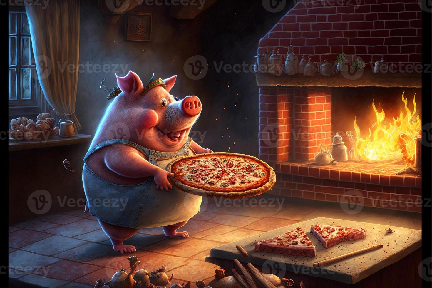 pig cooking pizza illustration photo