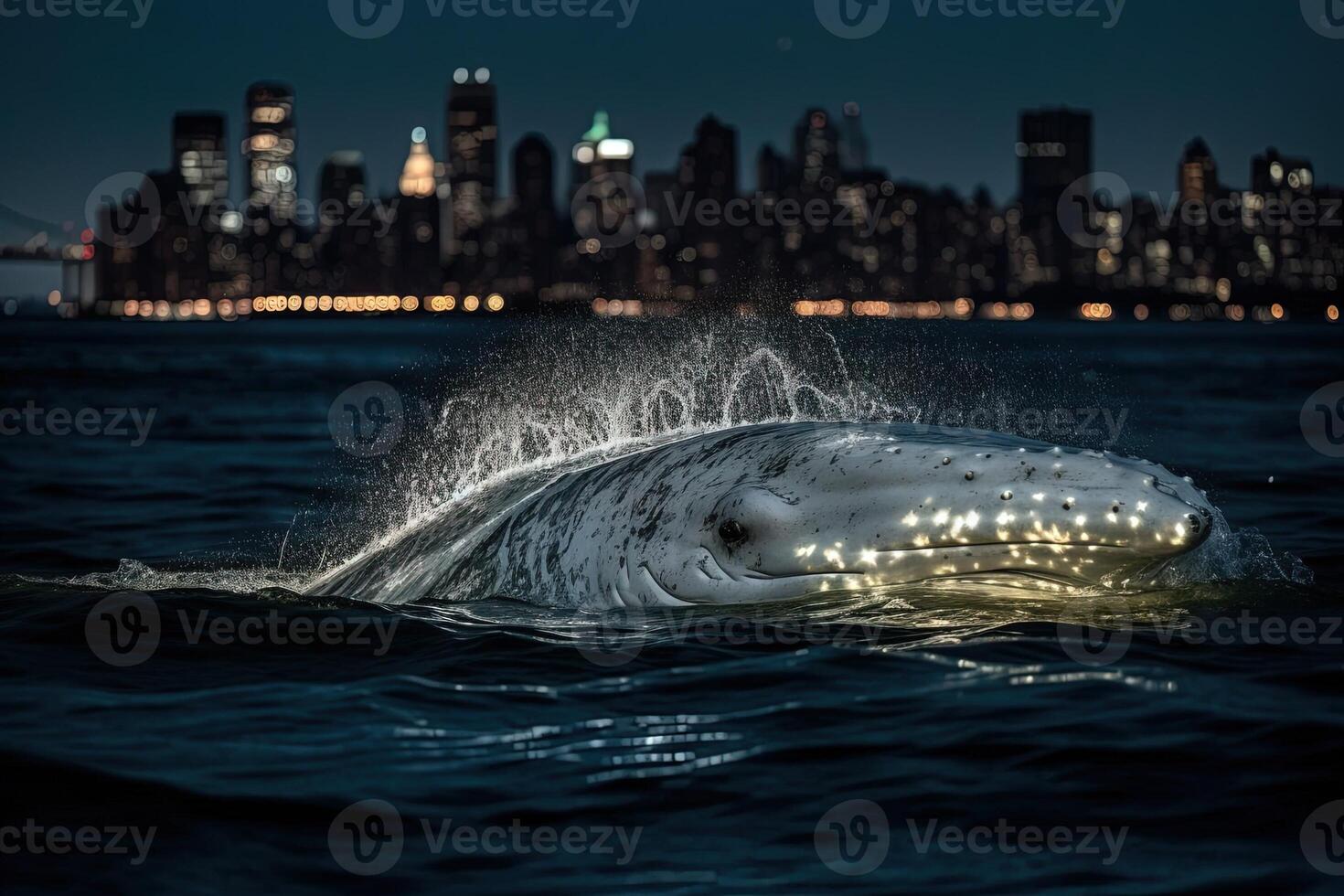 White humpback whale breaching on Hudson River in front of New york city illuminated skyscrapers at night illustration photo