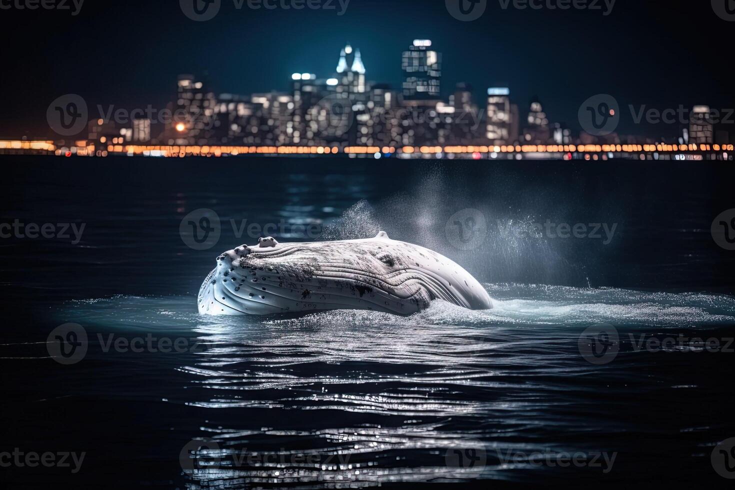 White humpback whale breaching on Hudson River in front of New york city illuminated skyscrapers at night illustration photo