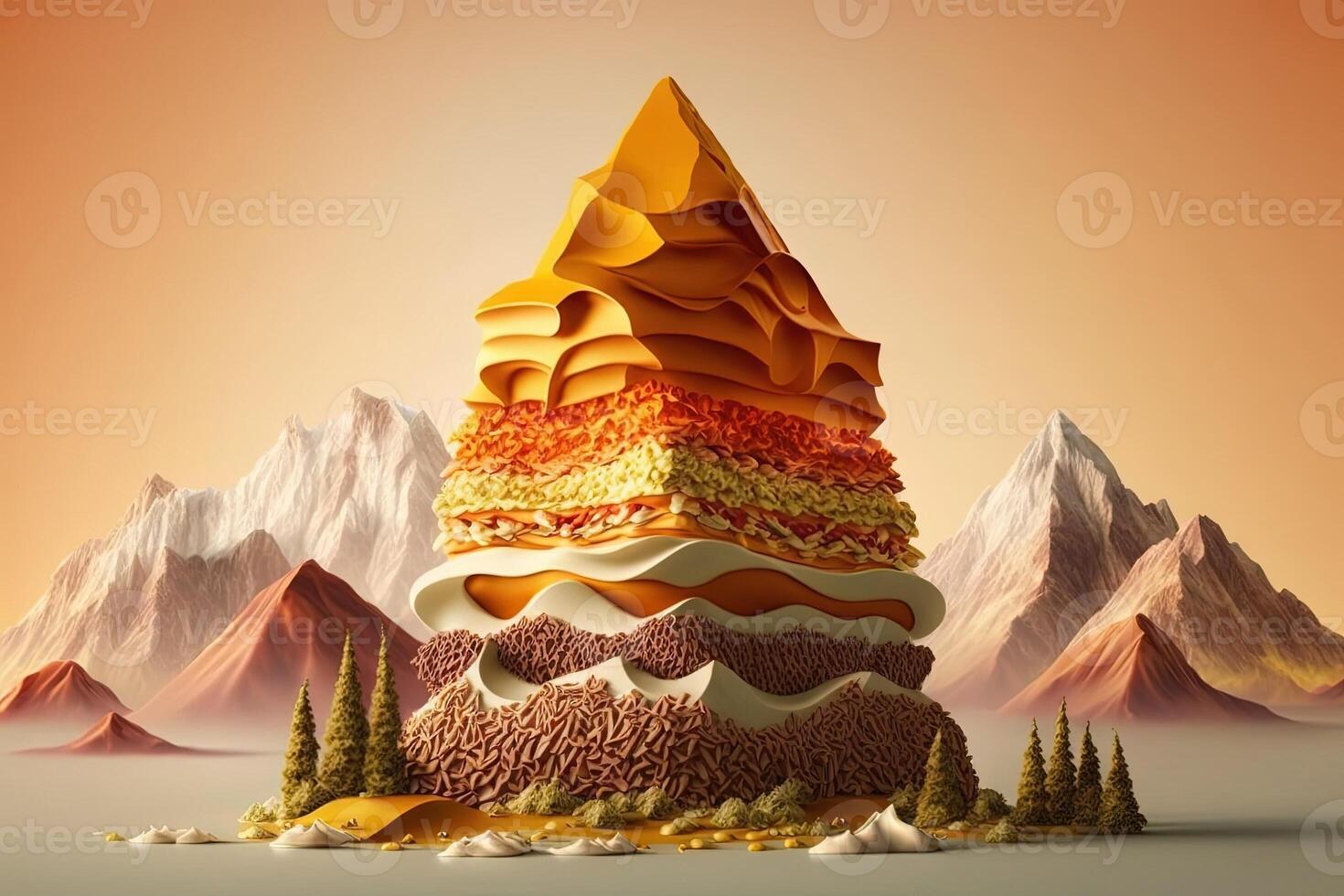 towering mountain made entirely out of stacked fast-food burgers, with ketchup and mustard cascading down the sides illustration photo