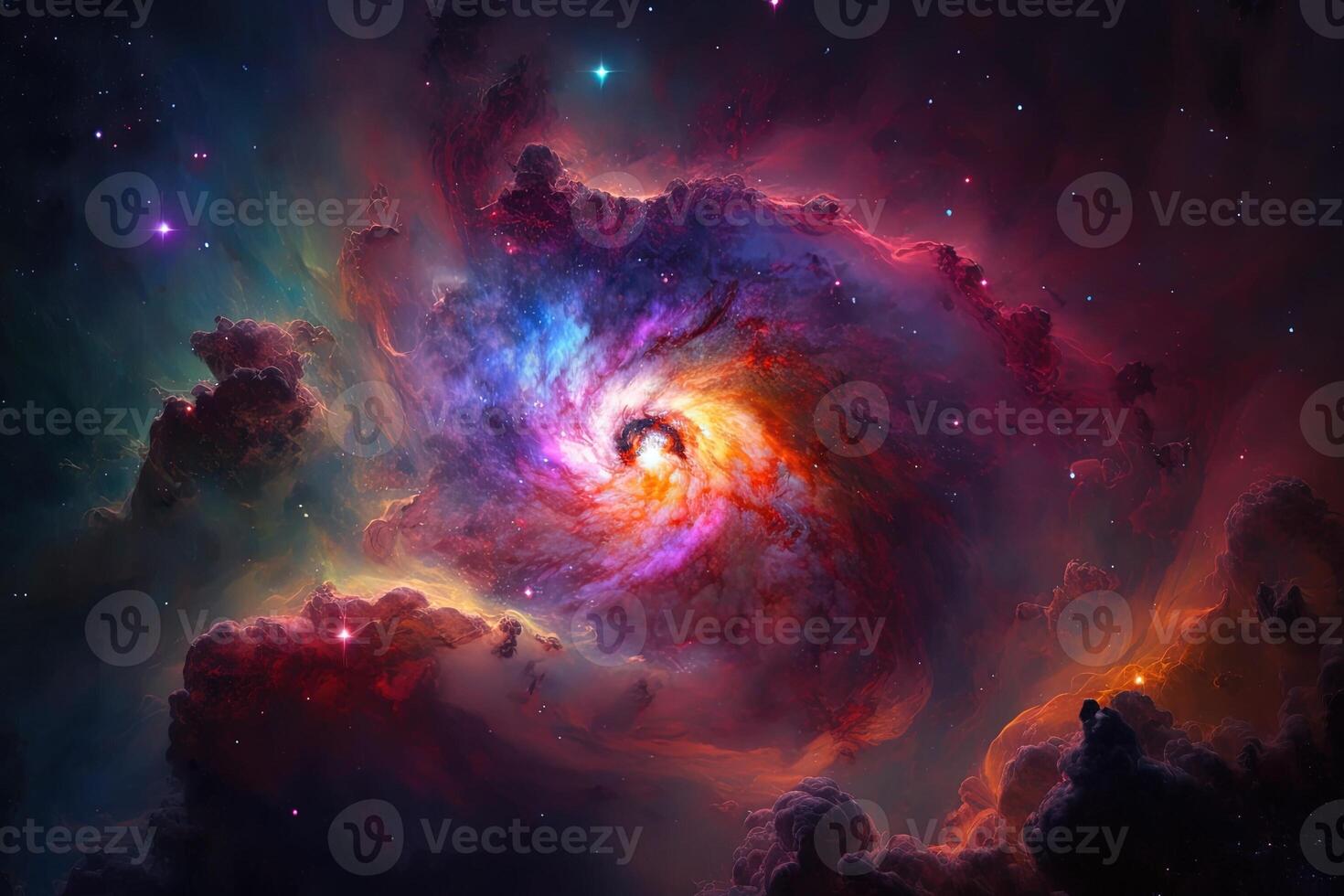 Colorful nebula that resembles a fruit salad, with bright hues of red, orange, green, and purple, all blending illustration photo