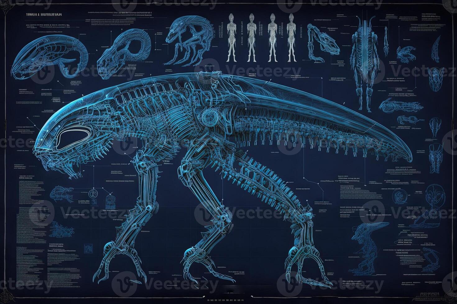 Alien exoskeleton blueprint, sketch illustration photo
