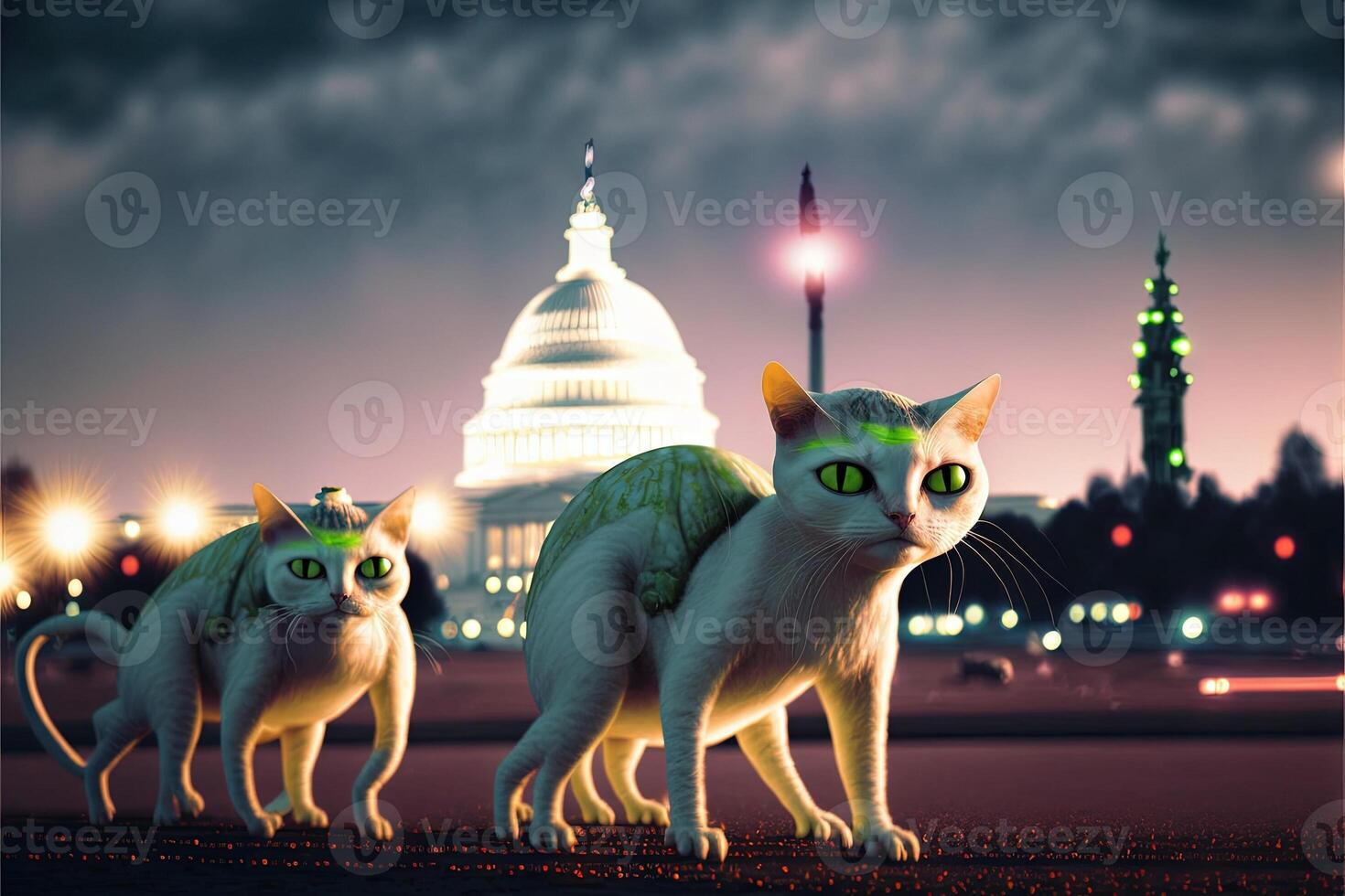 Alien cats landing in washington dc and invading planet earth illustration photo