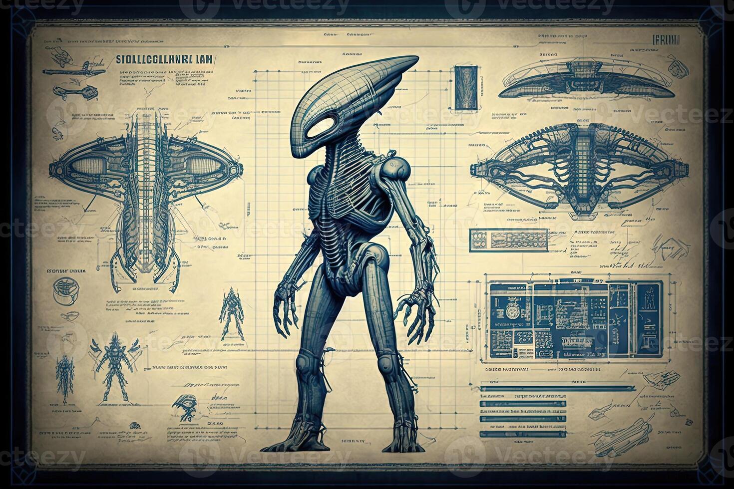 Alien exoskeleton blueprint, sketch illustration photo