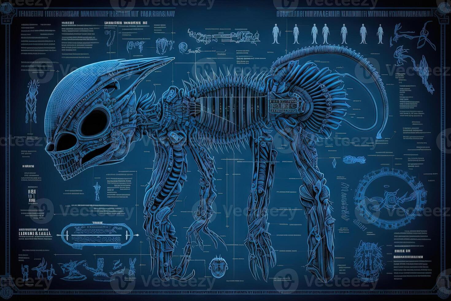 Alien exoskeleton blueprint, sketch illustration photo