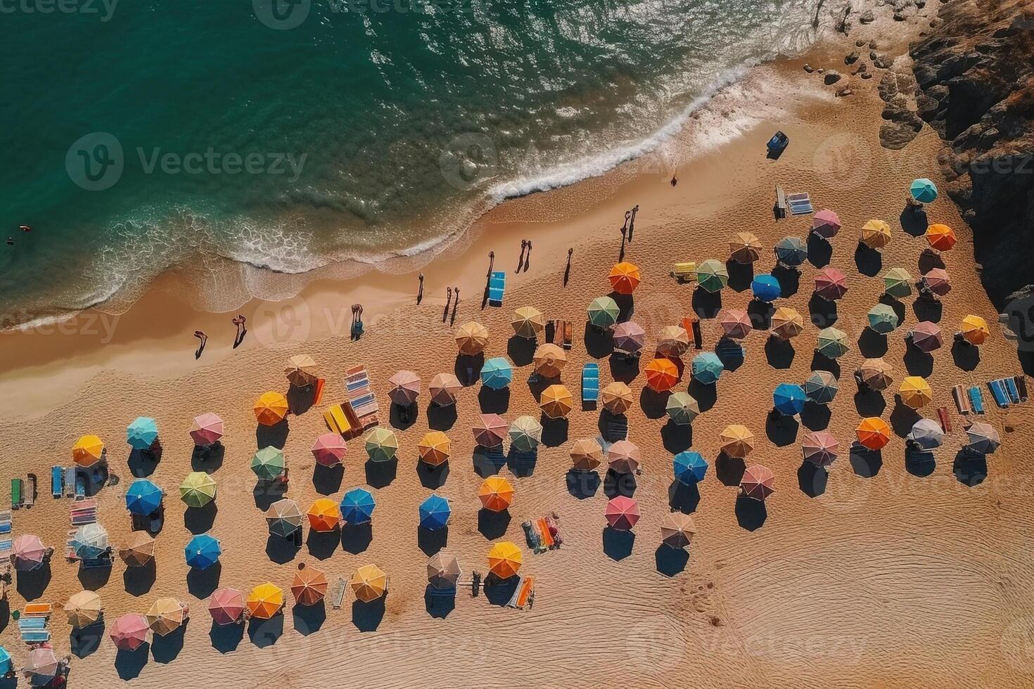 Top Aerial view of a sandy beach line full of bathers and people and colorful umbrellas illustration photo