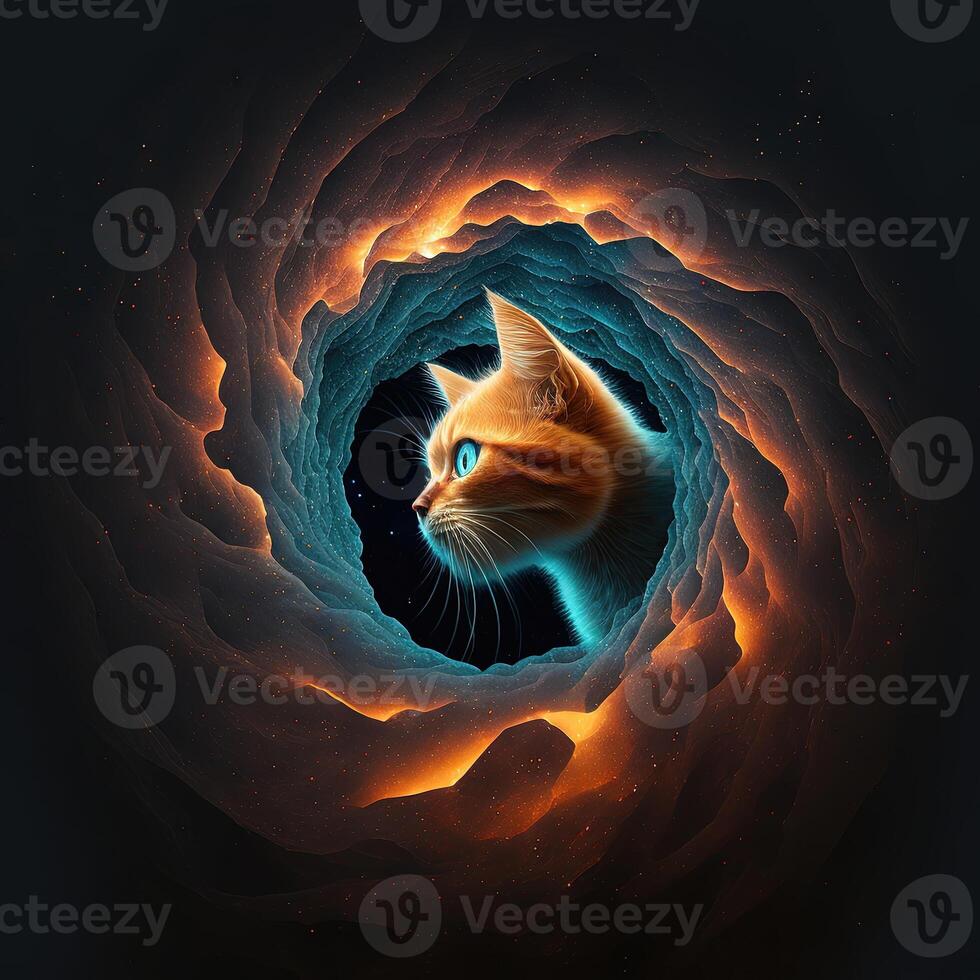 cat staring into a black hole in space illustration photo