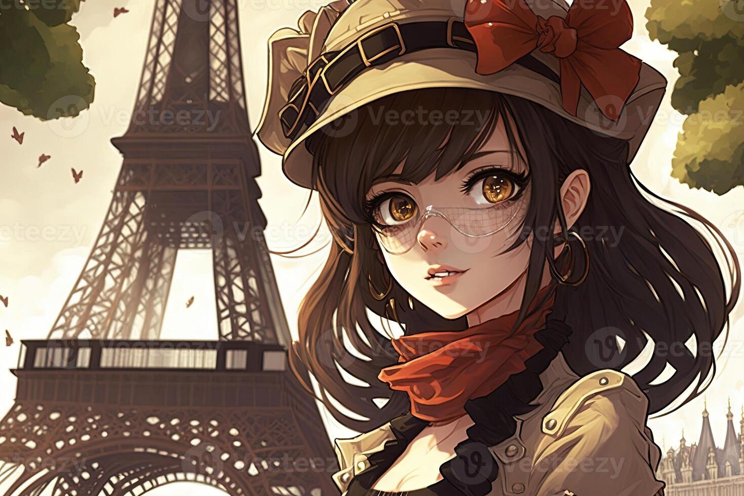 hermosa anime manga niña en París ilustración generativo ai foto