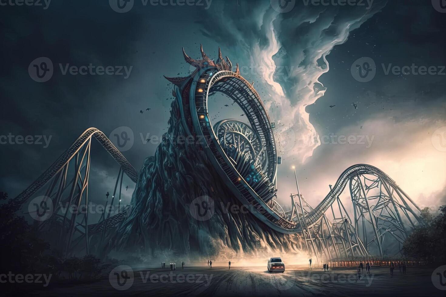 amusement park that defies the laws of physics, with rides that twist and turn in impossible ways, and attractions that blur the line between reality and dreams illustration photo