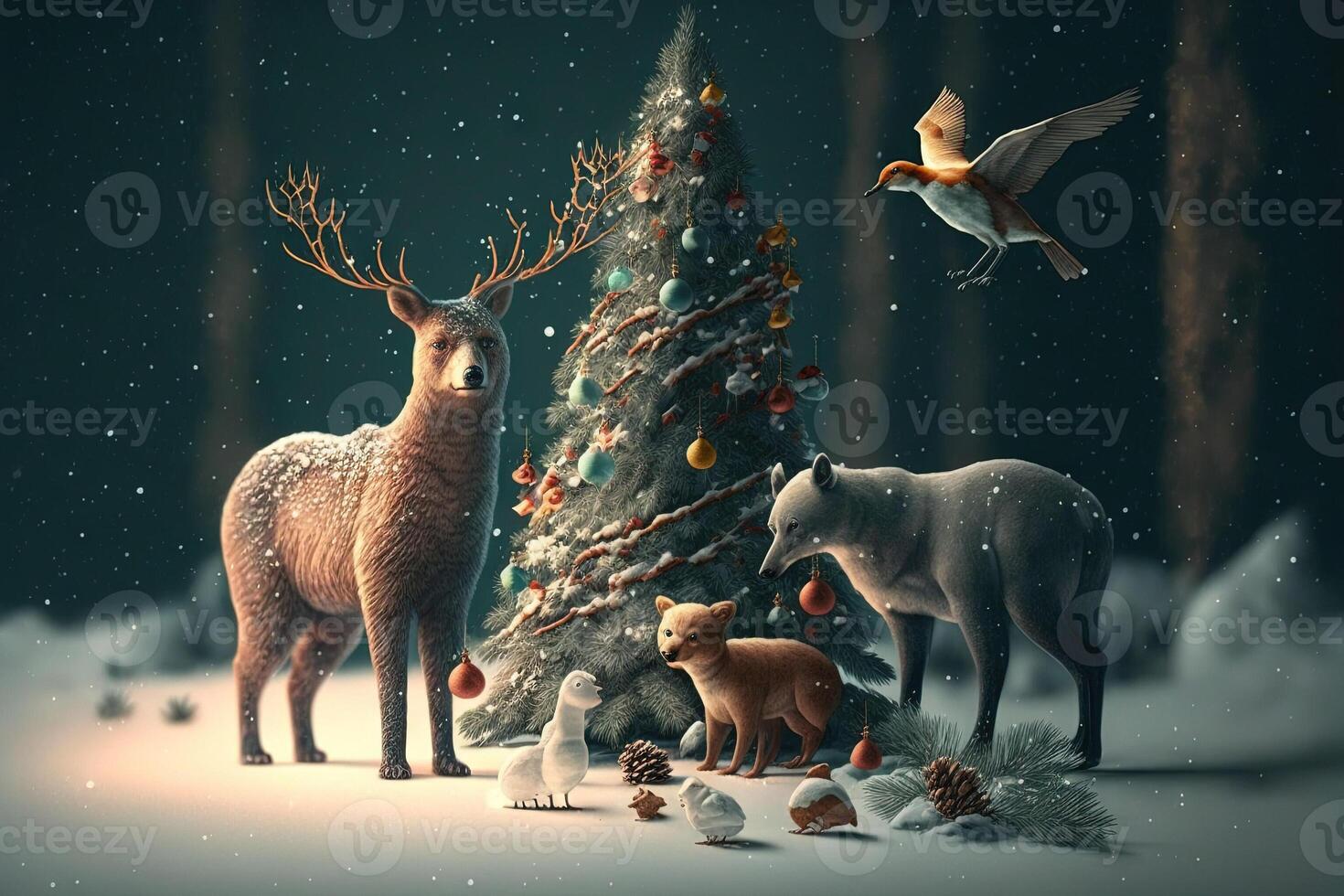 animals of the forest celebrating christmas around christmas tree with many gift, the forest is cold and snowy, photo