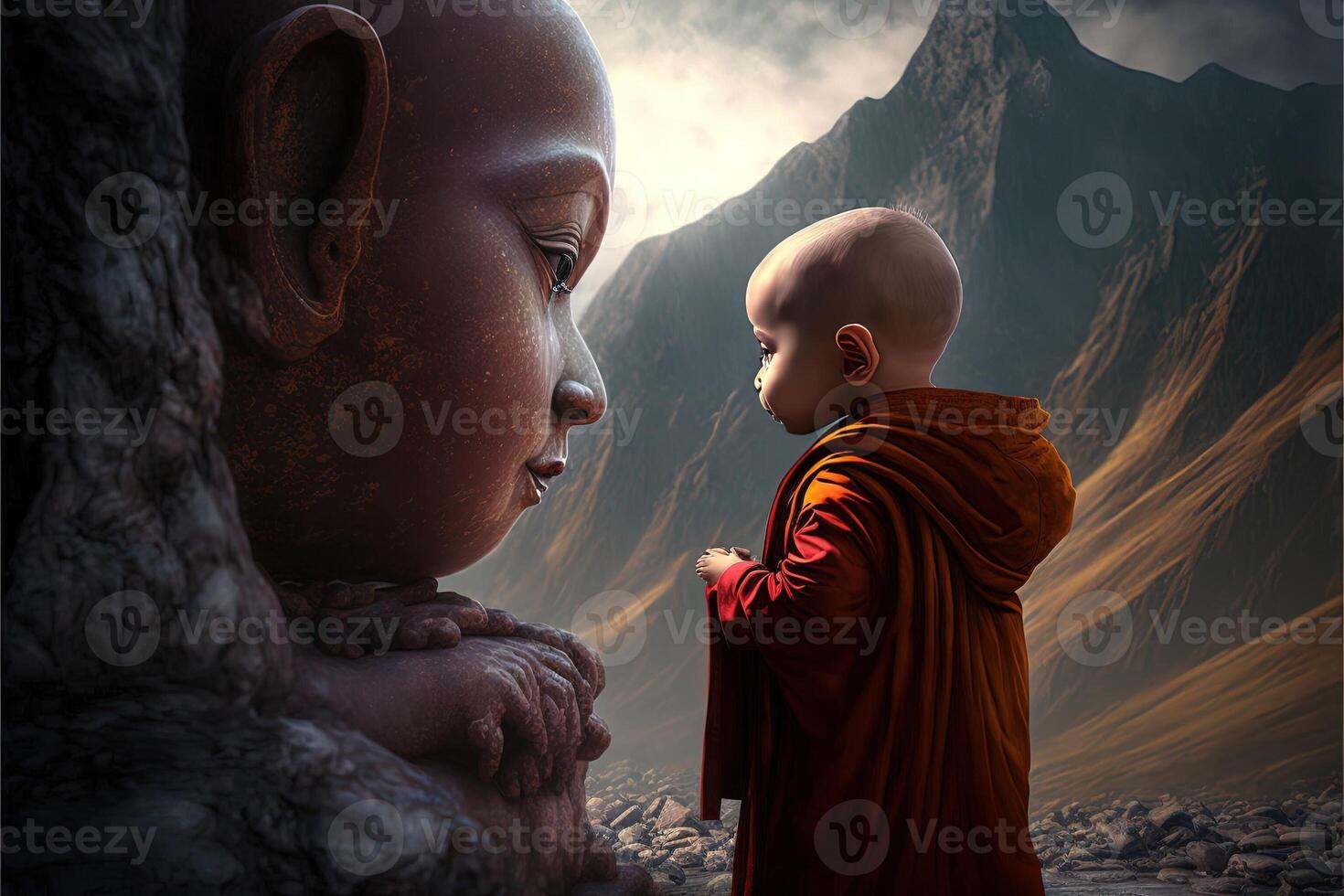 baby buddhist monk praying in front of buddah statue illustration photo