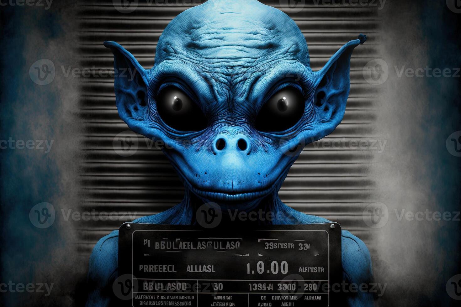 blue Humanoid Alien Identification Plate in front of Police Lineup or Mugshot illustration photo