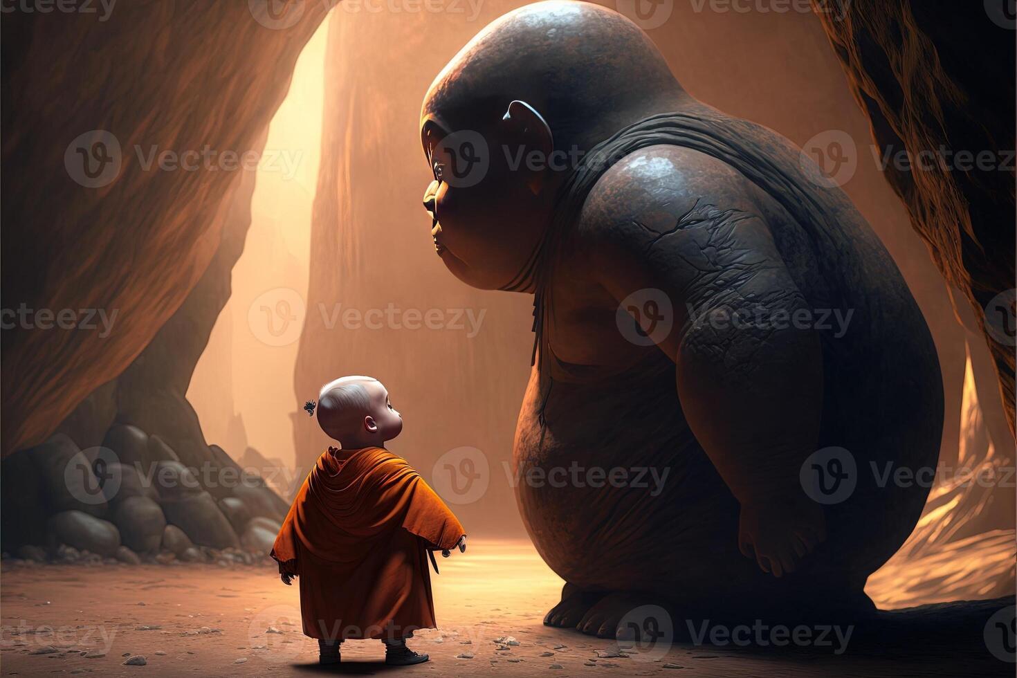 baby buddhist monk praying in front of buddah statue illustration photo