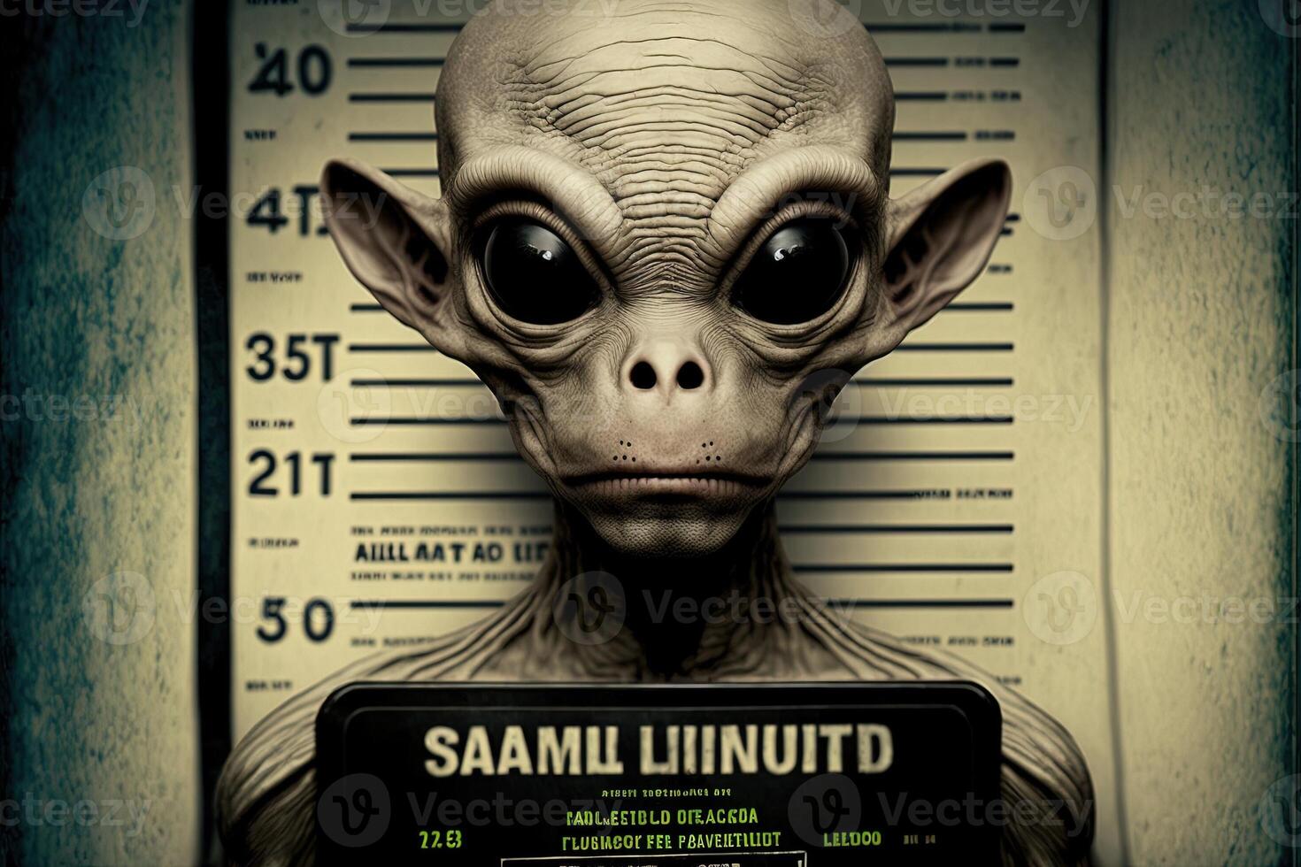 negro humanoide extraterrestre identificación plato en frente de policía póngase en fila o ficha policial ilustración generativo ai foto