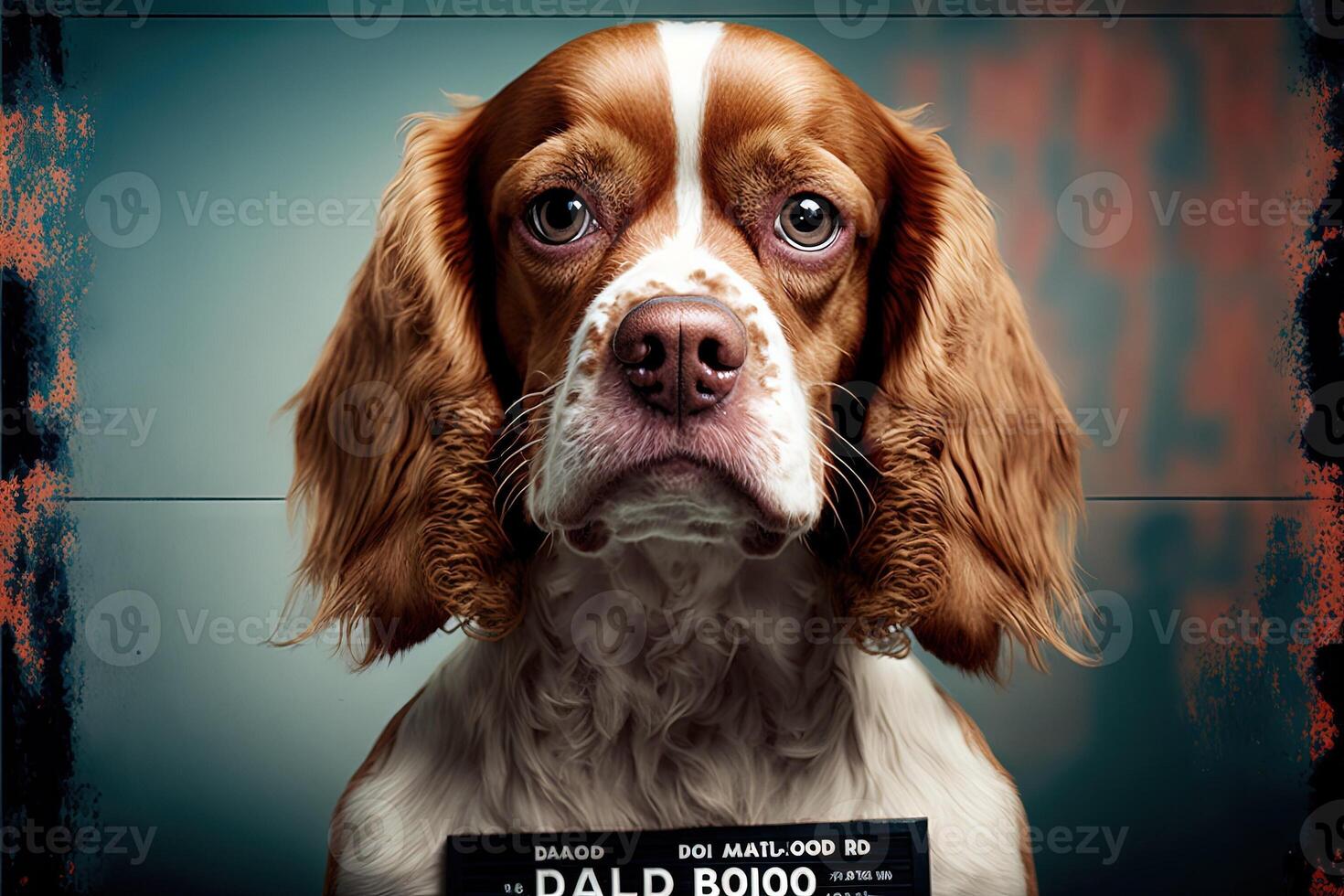 mugshot of wanted dog holding a banner photo