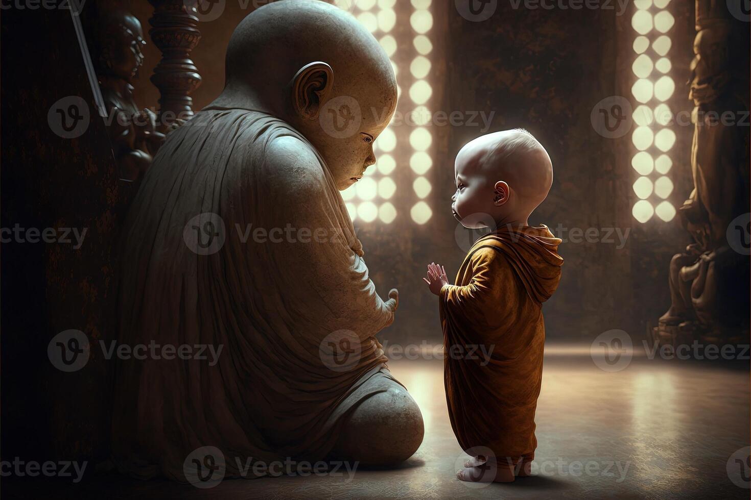 baby buddhist monk praying in front of buddah statue illustration photo