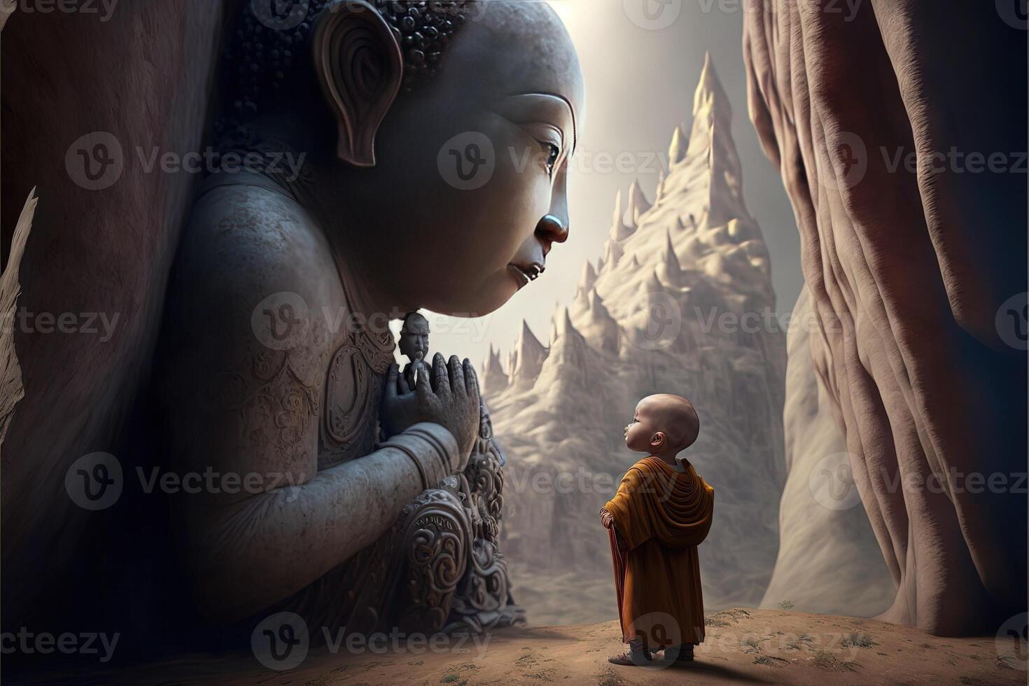 baby buddhist monk praying in front of buddah statue illustration photo