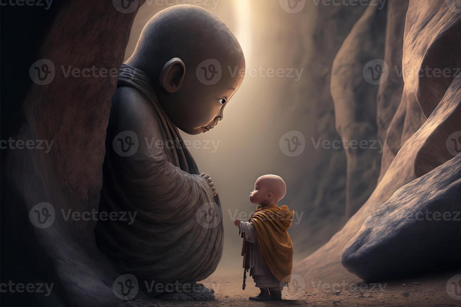 baby buddhist monk praying in front of buddah statue illustration photo