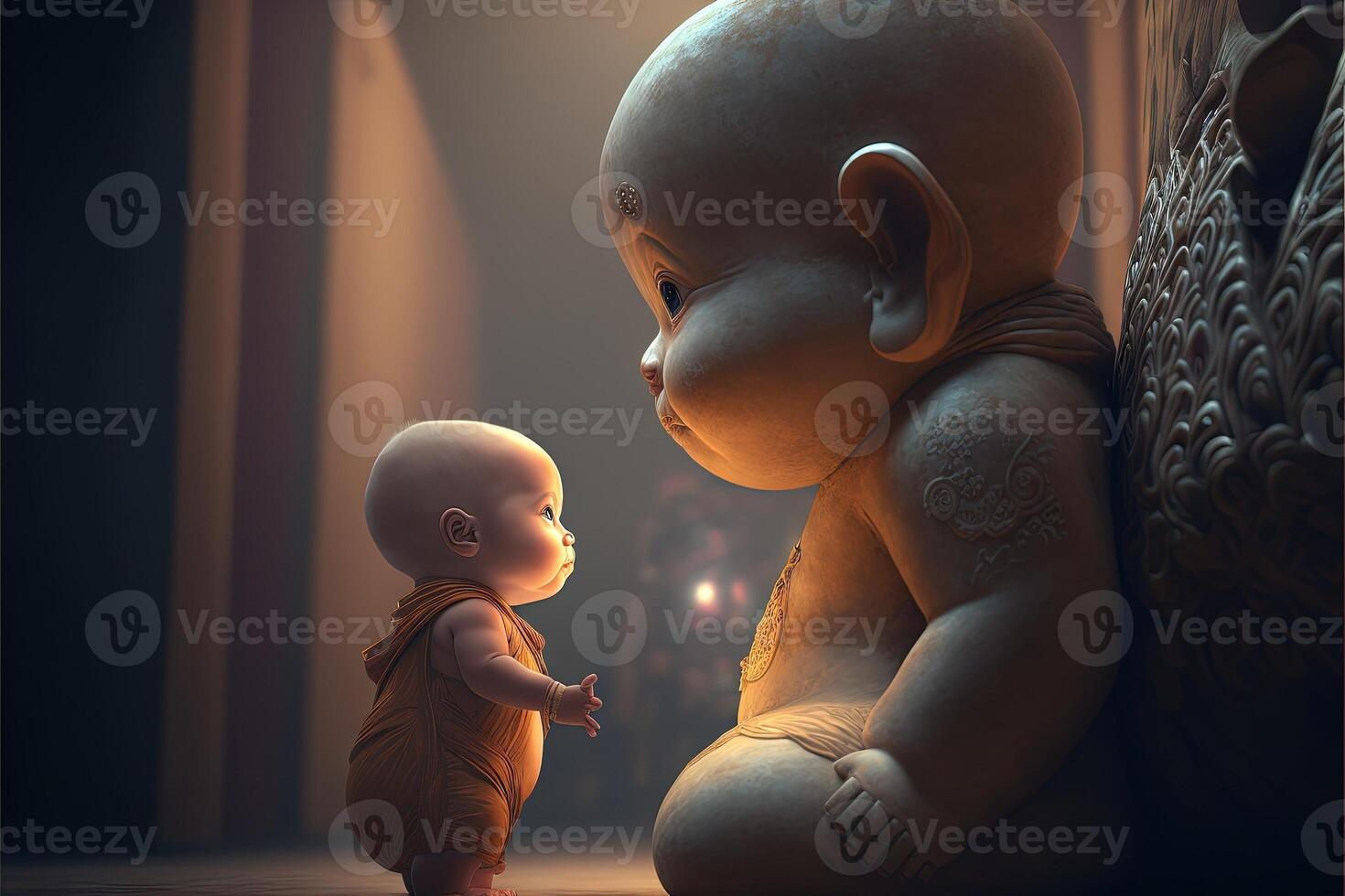 baby buddhist monk praying in front of buddah statue illustration photo