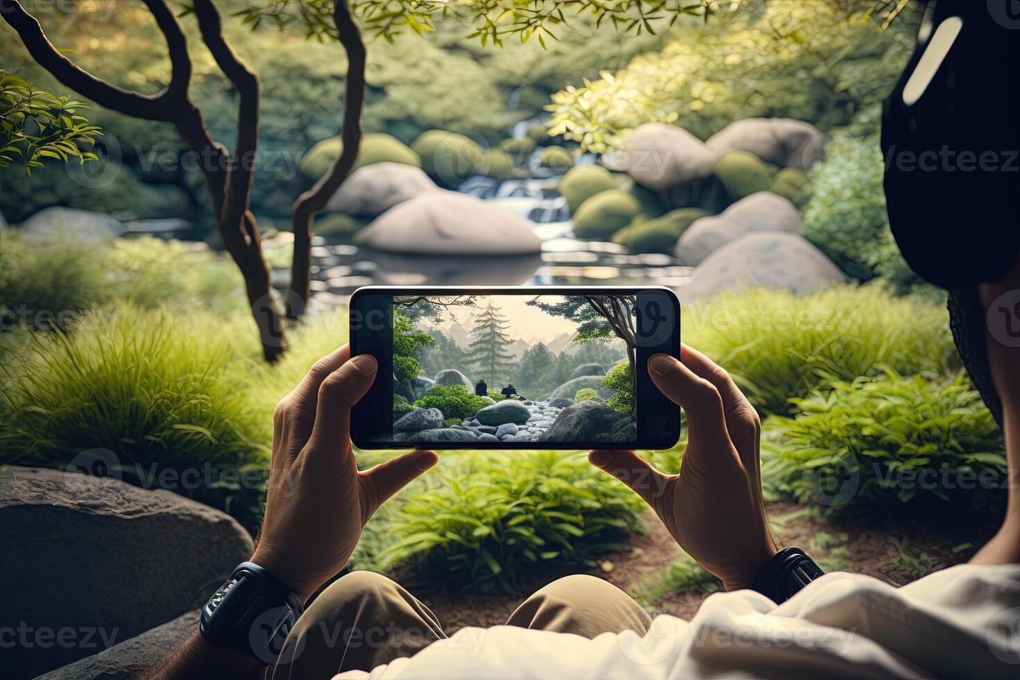 persona meditando en un pacífico al aire libre configuración, rodeado por naturaleza y utilizando un atención plena aplicación en su teléfono inteligente ilustración generativo ai foto