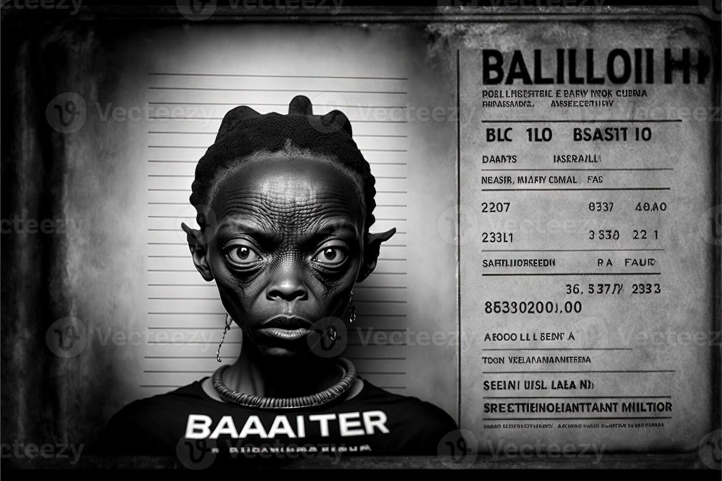 black Humanoid Alien Identification Plate in front of Police Lineup or Mugshot illustration photo
