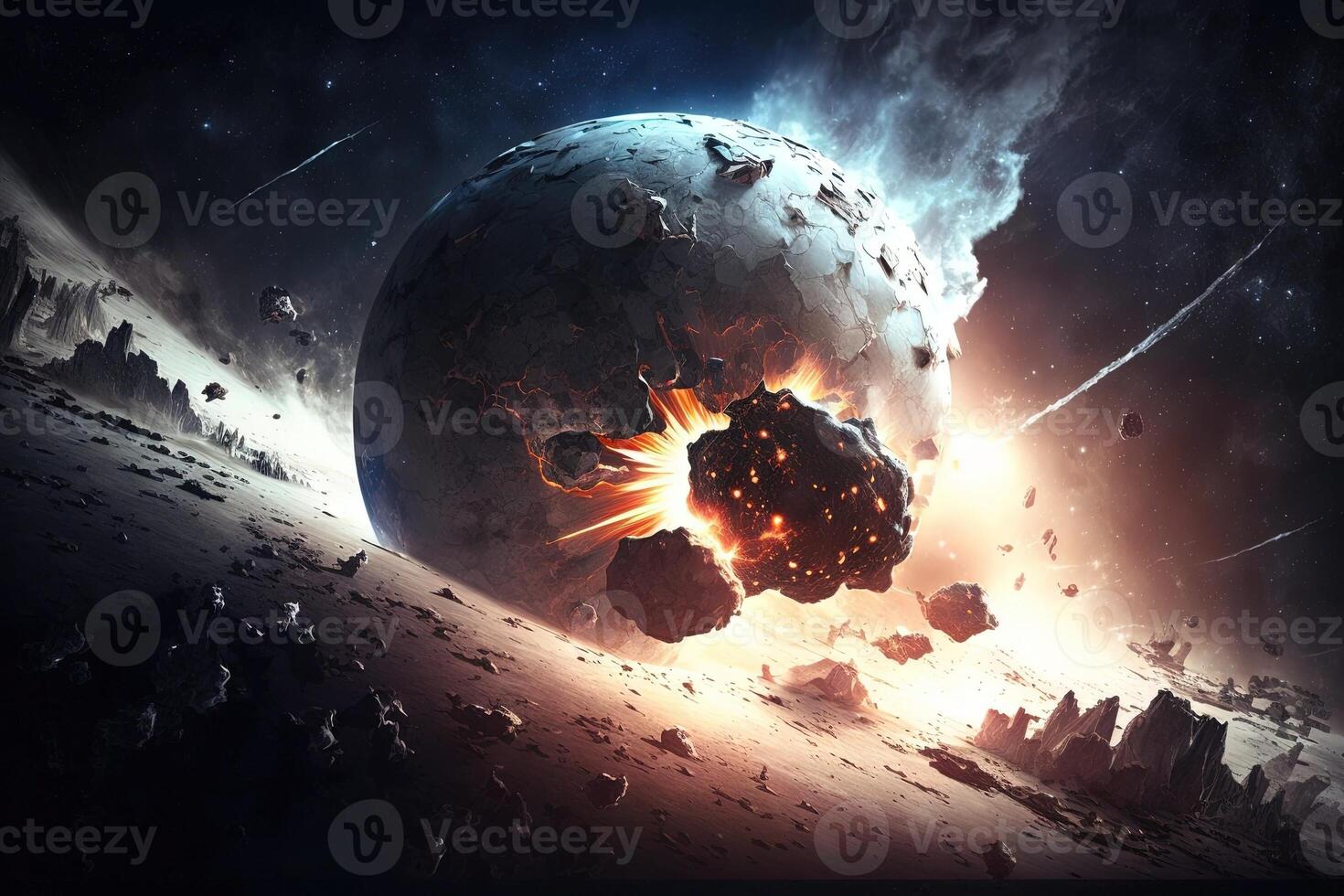 asteroide impacto en tierra - meteorito en colisión viniendo desde espacio ilustración generativo ai foto