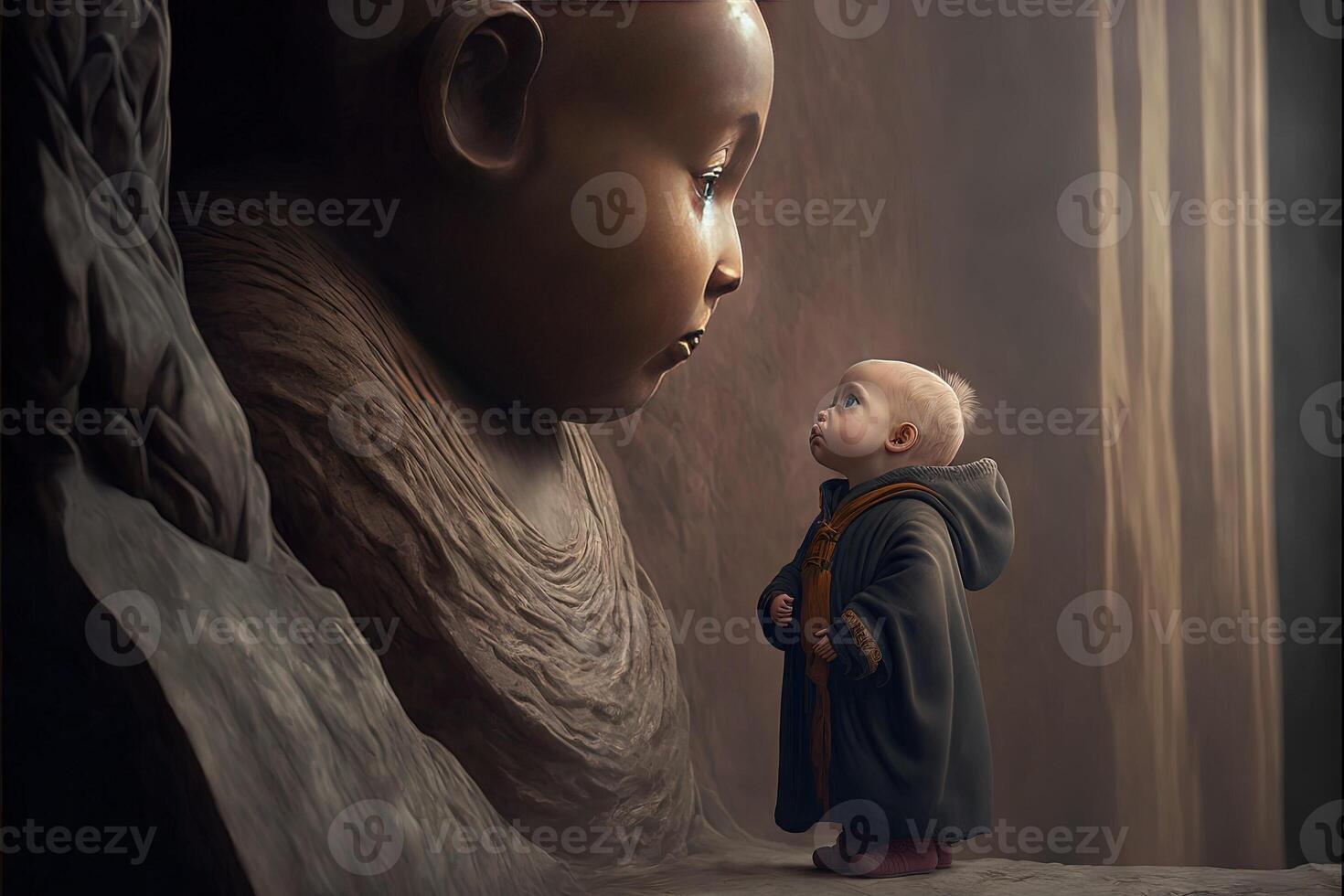 baby buddhist monk praying in front of buddah statue illustration photo