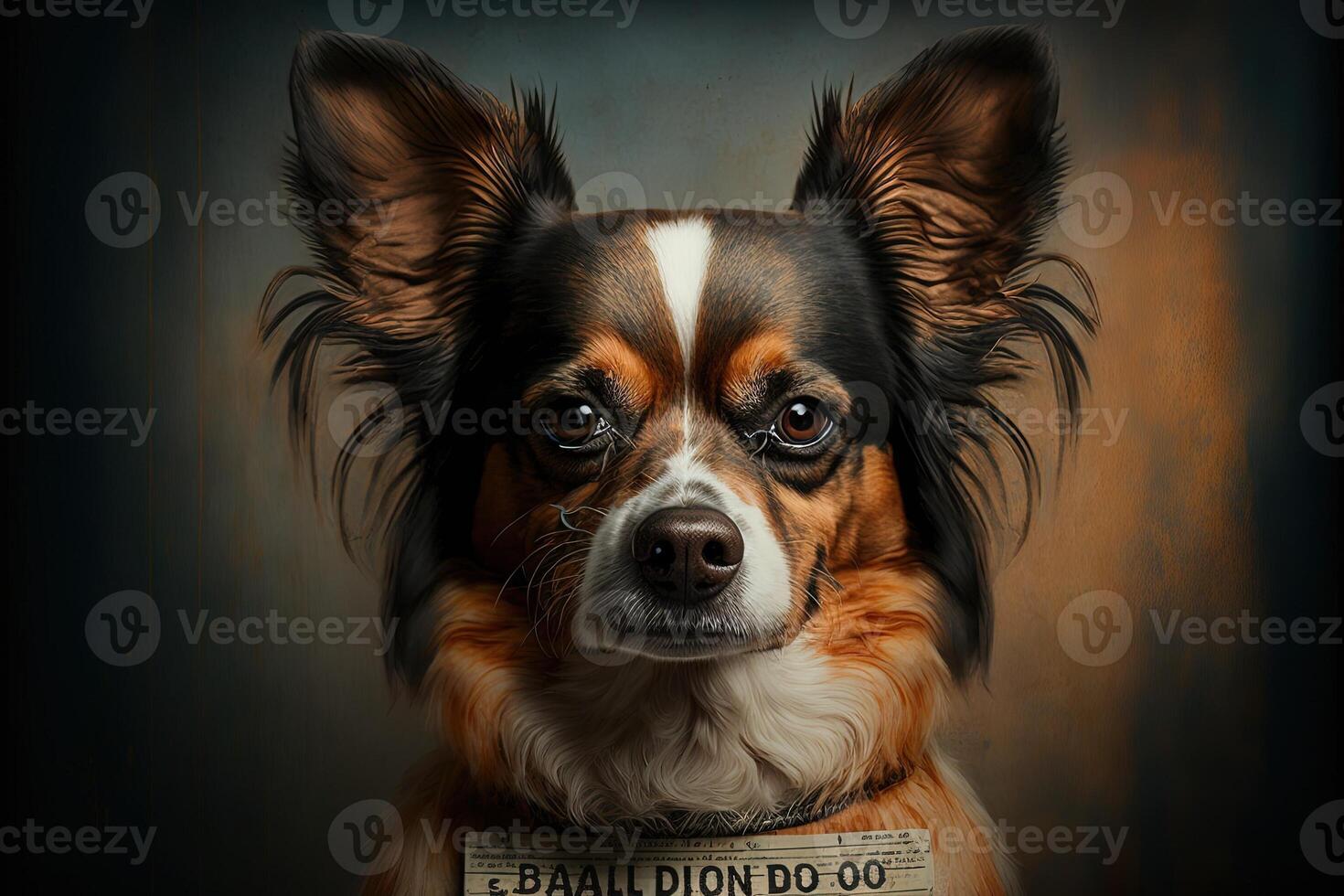 mugshot of wanted dog holding a banner photo
