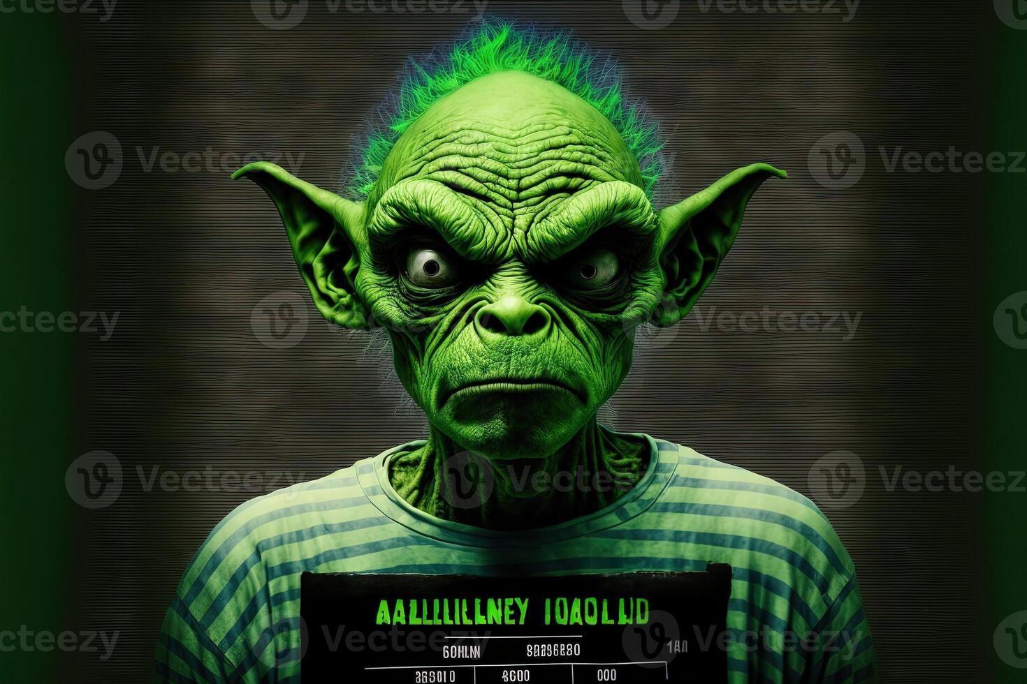 green Humanoid Alien Identification Plate in front of Police Lineup or Mugshot illustration photo