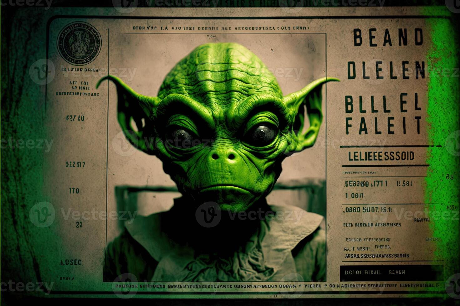green Humanoid Alien Identification Plate in front of Police Lineup or Mugshot illustration photo