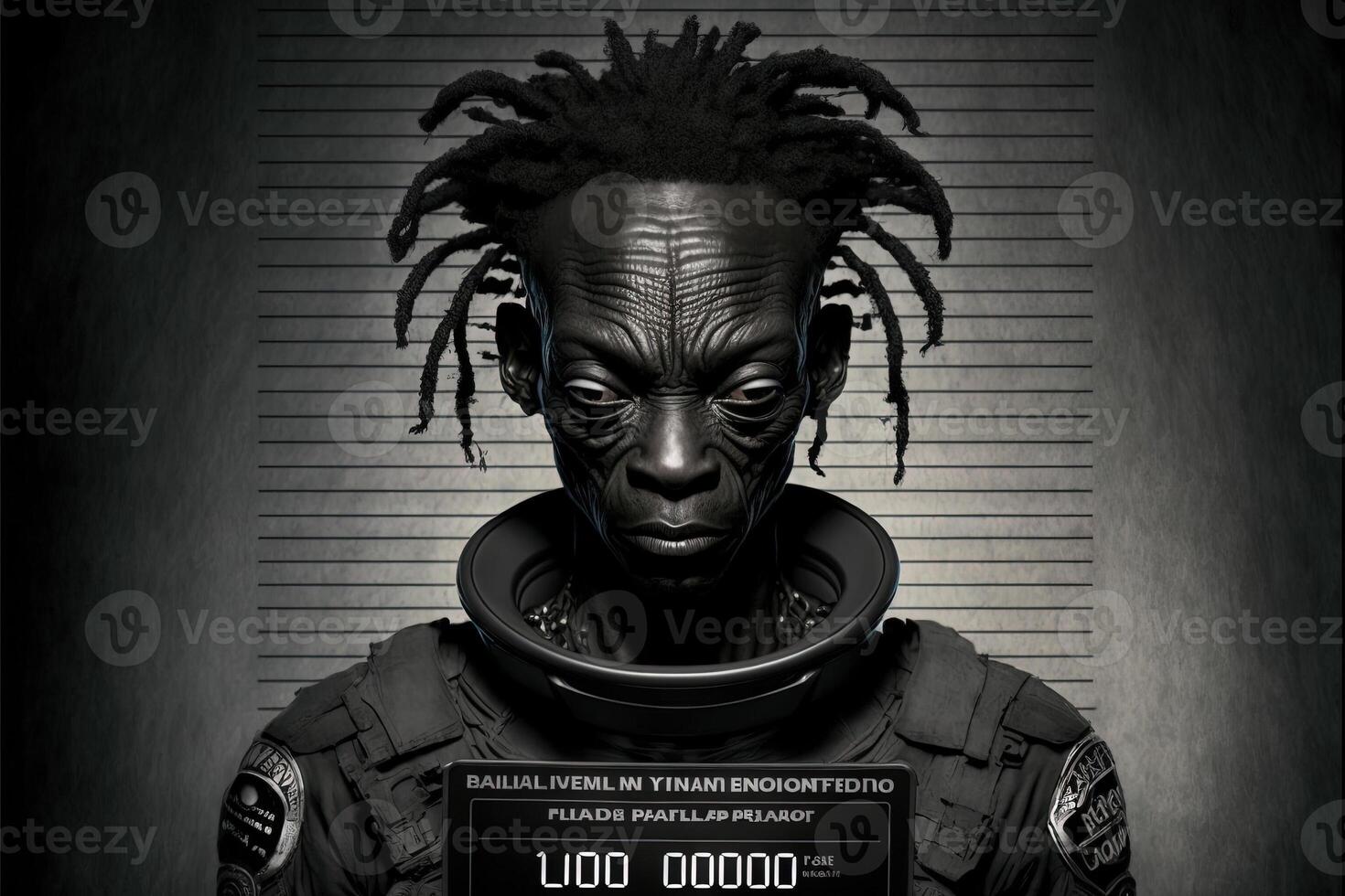 black Humanoid Alien Identification Plate in front of Police Lineup or Mugshot illustration photo