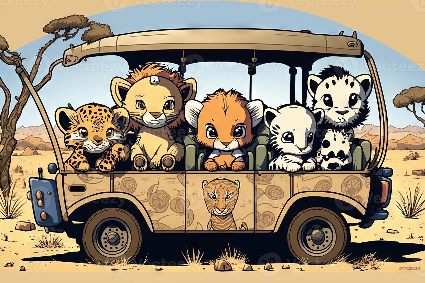 Baby safari animals in jeep illustration photo