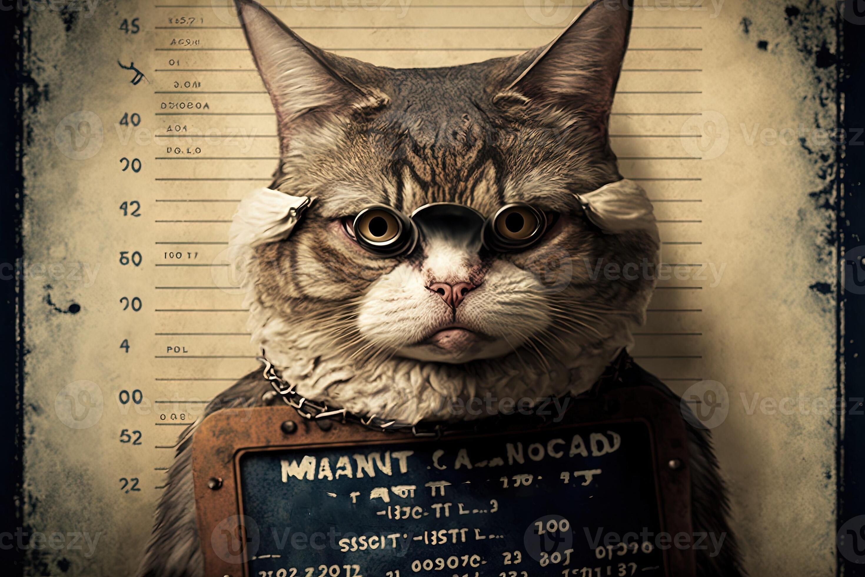 Cat Kitten Kitty Holding A Police Department Banner As A Mugshot Photo At Police Office 