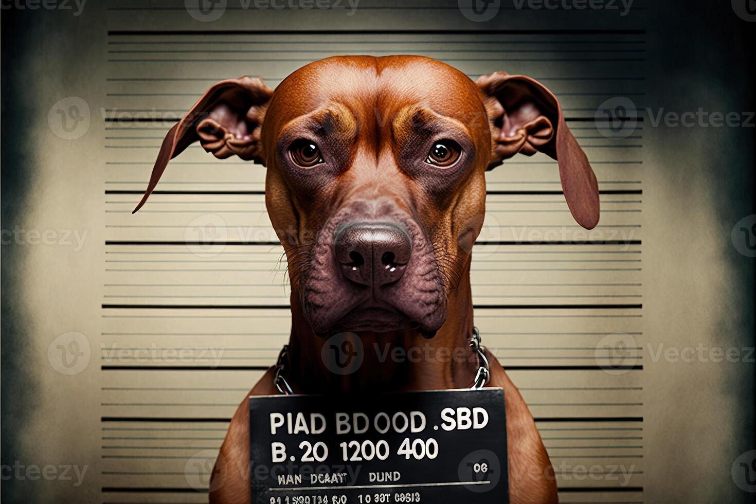 mugshot of wanted dog holding a banner photo