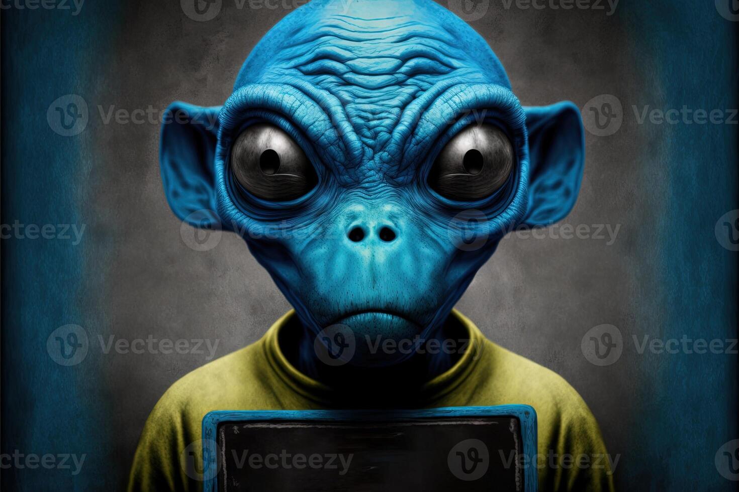 blue Humanoid Alien Identification Plate in front of Police Lineup or Mugshot illustration photo