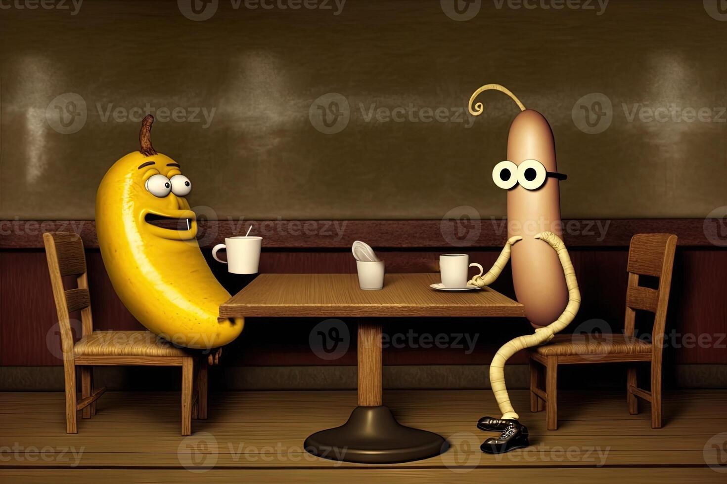 plátano y salchicha teniendo conversacion en un restaurante ilustración generativo ai foto