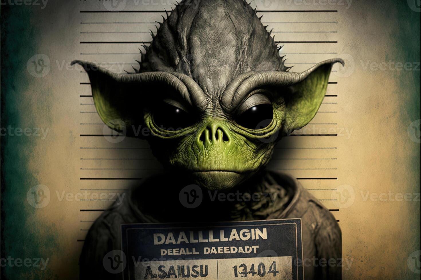 black Humanoid Alien Identification Plate in front of Police Lineup or Mugshot illustration photo