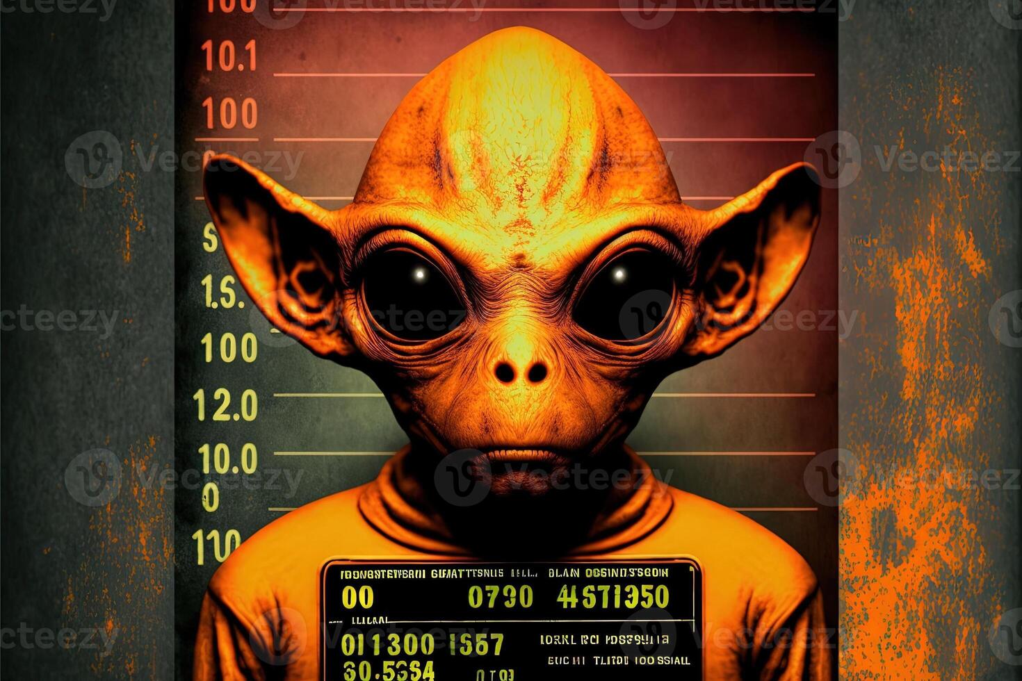 naranja amarillo humanoide extraterrestre identificación plato en frente de policía póngase en fila o ficha policial ilustración generativo ai foto