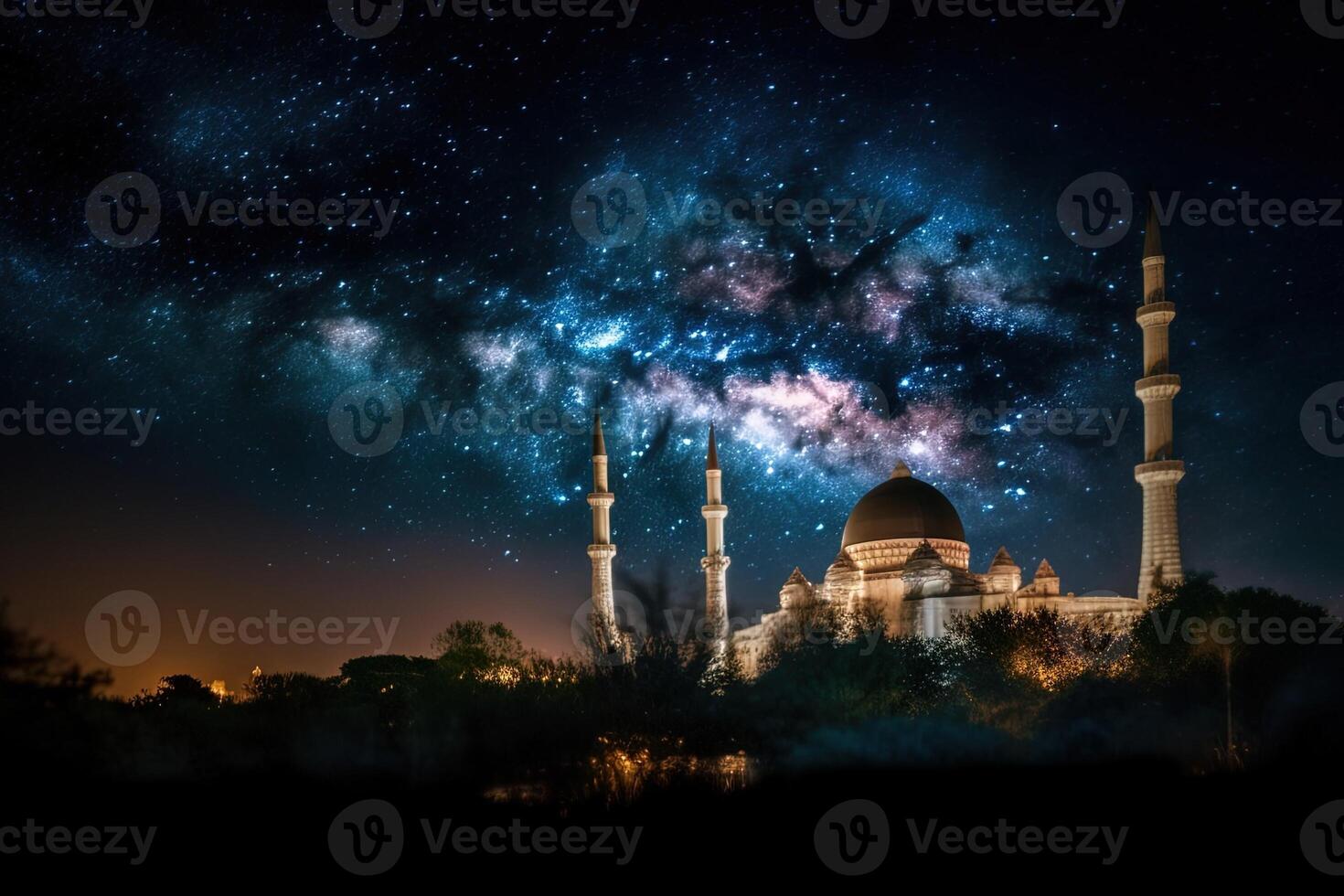 Beautiful night sky during Ramadan Kareem, with stars twinkling in the background and a mosque illuminated illustration photo