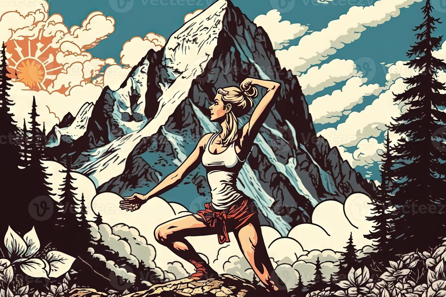 Beautiful girl practicing yoga outdoors in a scenic location, with mountains in the background, manga style illustration photo