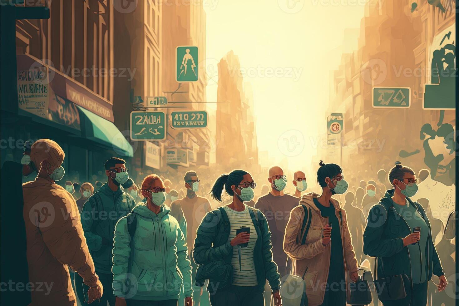 big city with many people wearing face mask beacause of return of covid coronavirus pandemic illustration photo