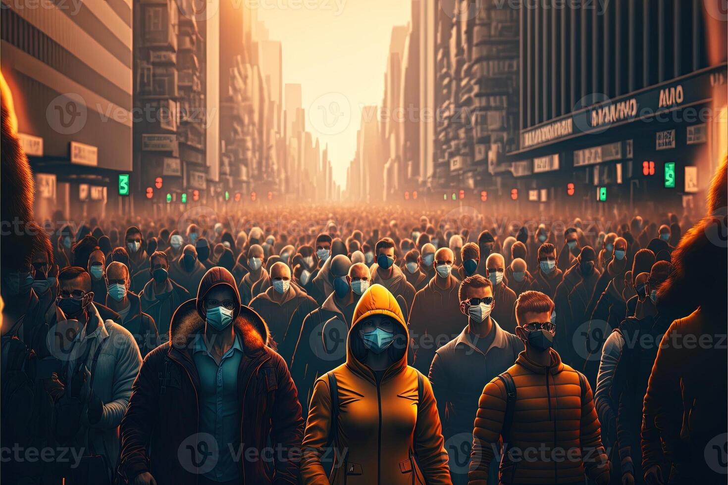 big city with many people wearing face mask beacause of return of covid coronavirus pandemic illustration photo