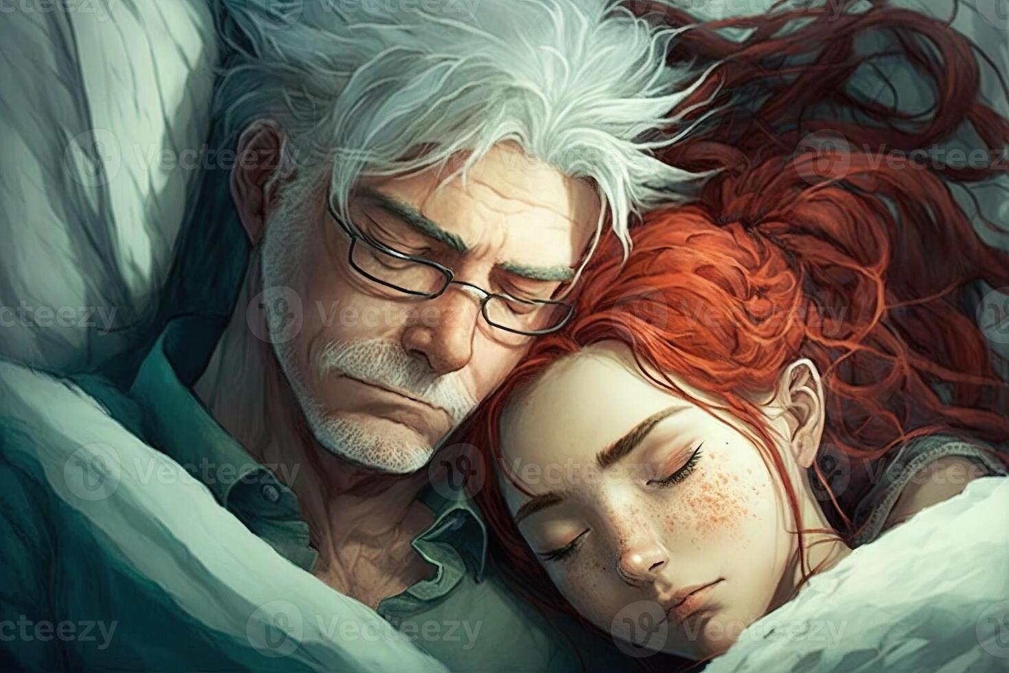 Anime girl sleeping with a man in bed, manga style illustration photo